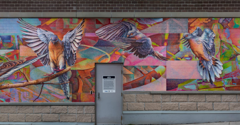 Colourful mural of pigeons