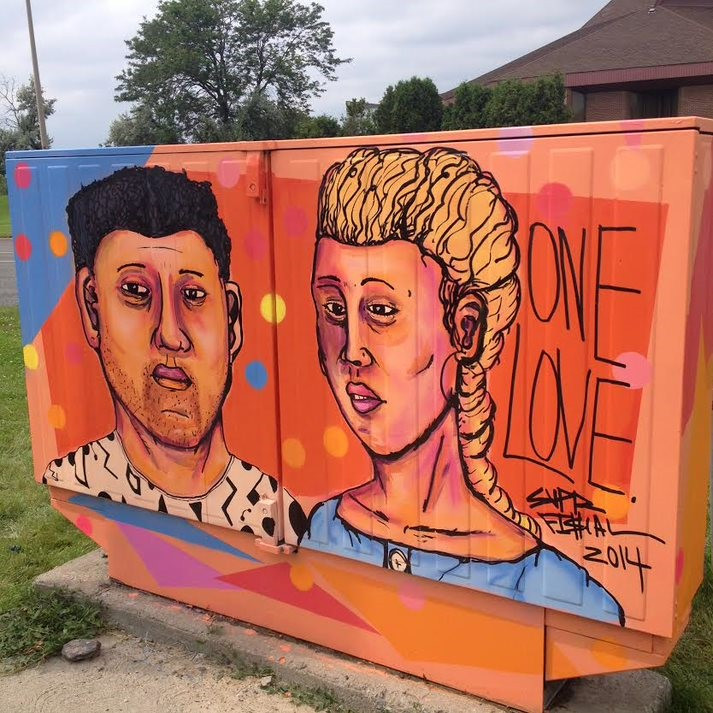 Two faces on a orange background painted on a Bell box