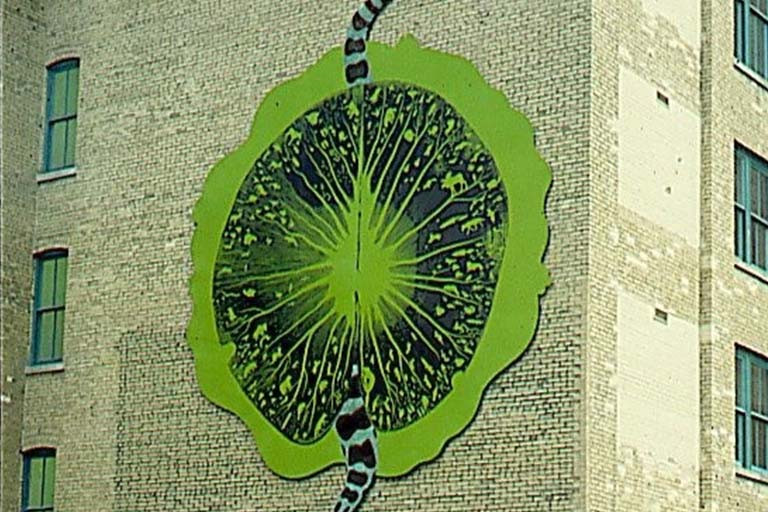 Mural installation on the side of a light coloured building with a snake and lily pad