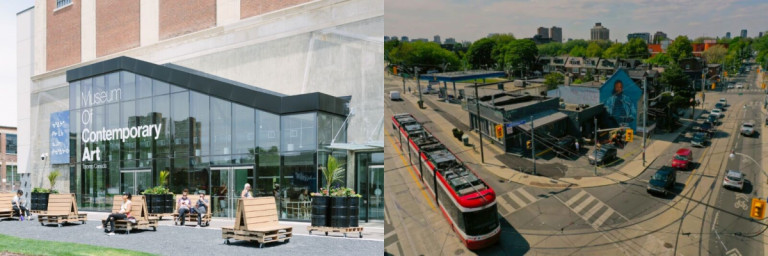 Images of the MOCA gallery with benches outside the building and a corner of a City street with a red streetcar