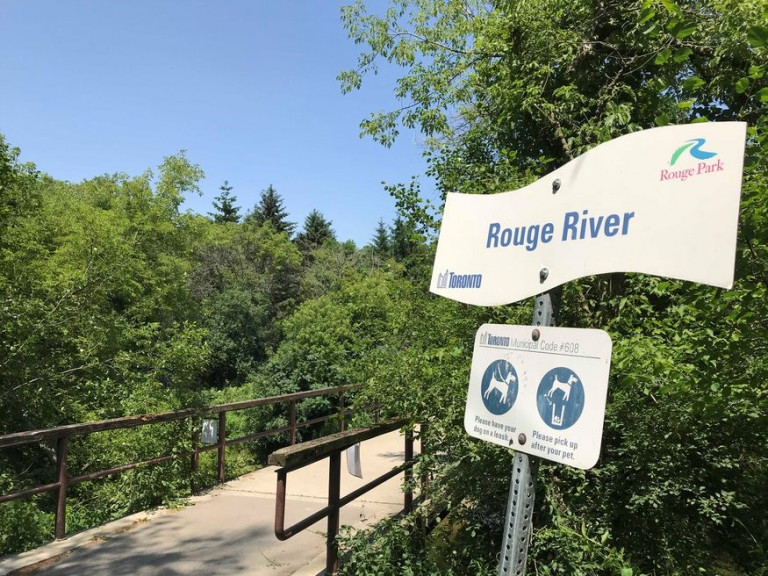Sign reading Rouge River in front of a trail surrounded by trees