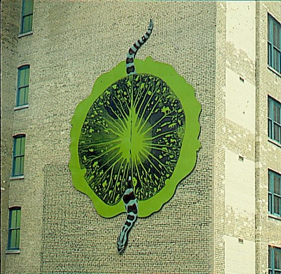 Mural installation on the side of a light coloured building with a snake and lily pad